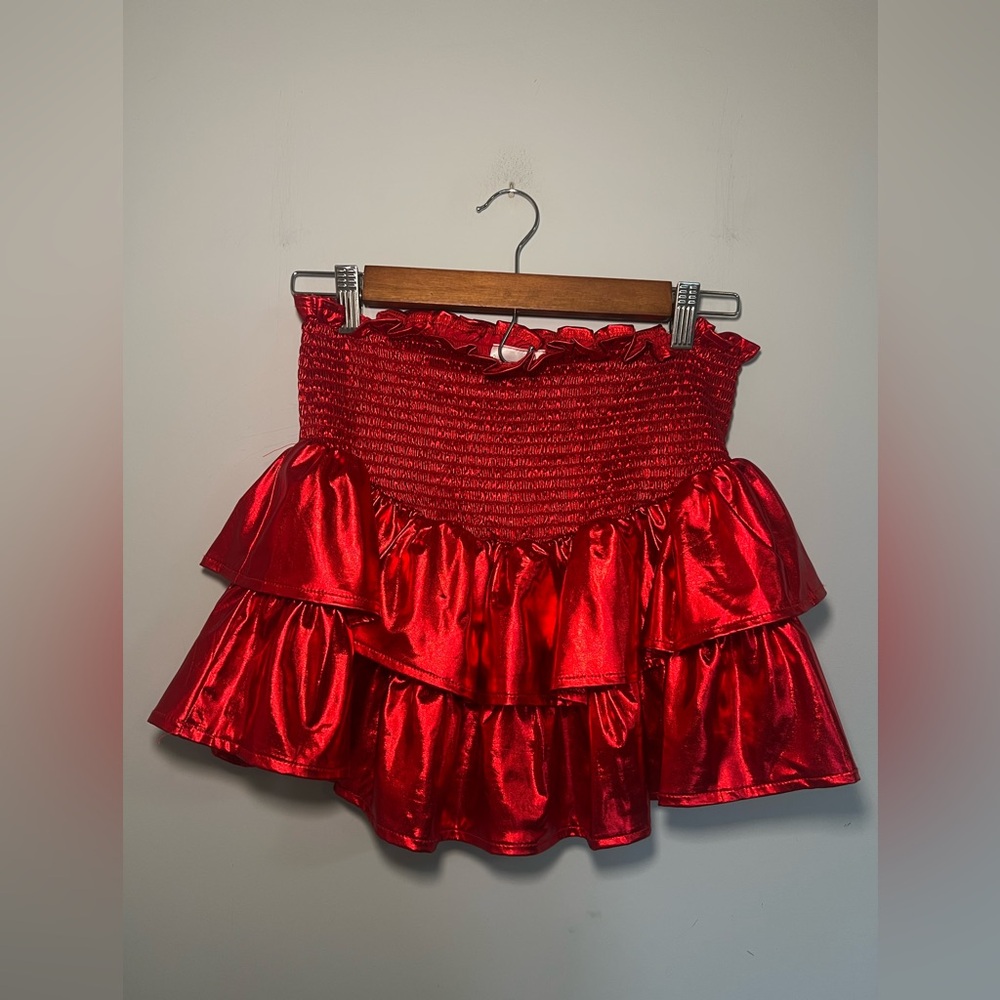 NWT Queen of Sparkles Red Metallic Tiered Mini Skirt Size S